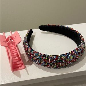 Colorful Beaded Headband and pink claw clip